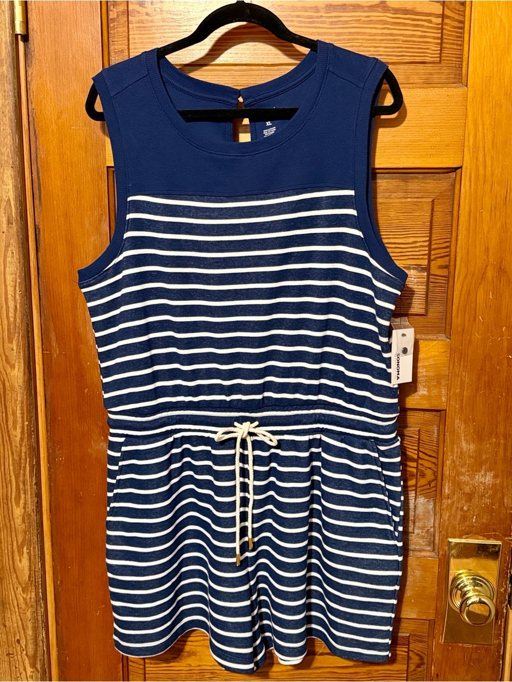 NWT Sonoma Romper Size XL Blue & White Pockets and Elastic Drawstring Waist